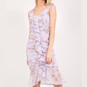 NWT Love Riche Lavander Ruched Front Floral Dress Midi Size Medium